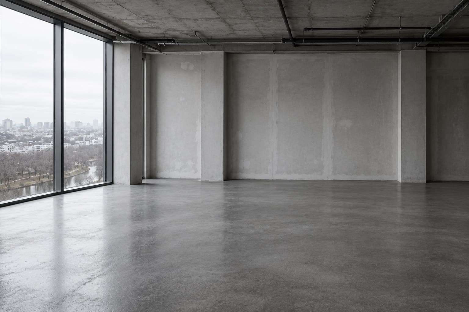 Plateau de bureau vide et brut, béton, lumière froide